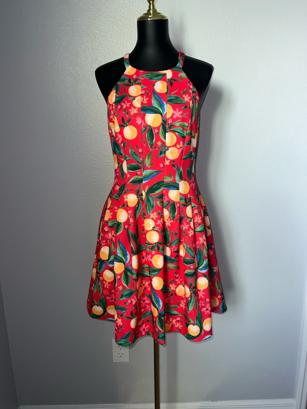 Vince Camuto Red Citrus Halter Fit-and-Flare Dress